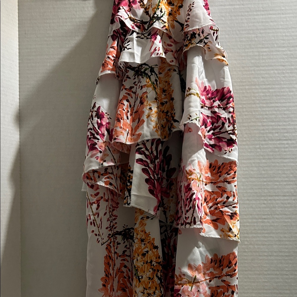 Worthington White Floral Ruffle Blouse with Pink & Orange Print